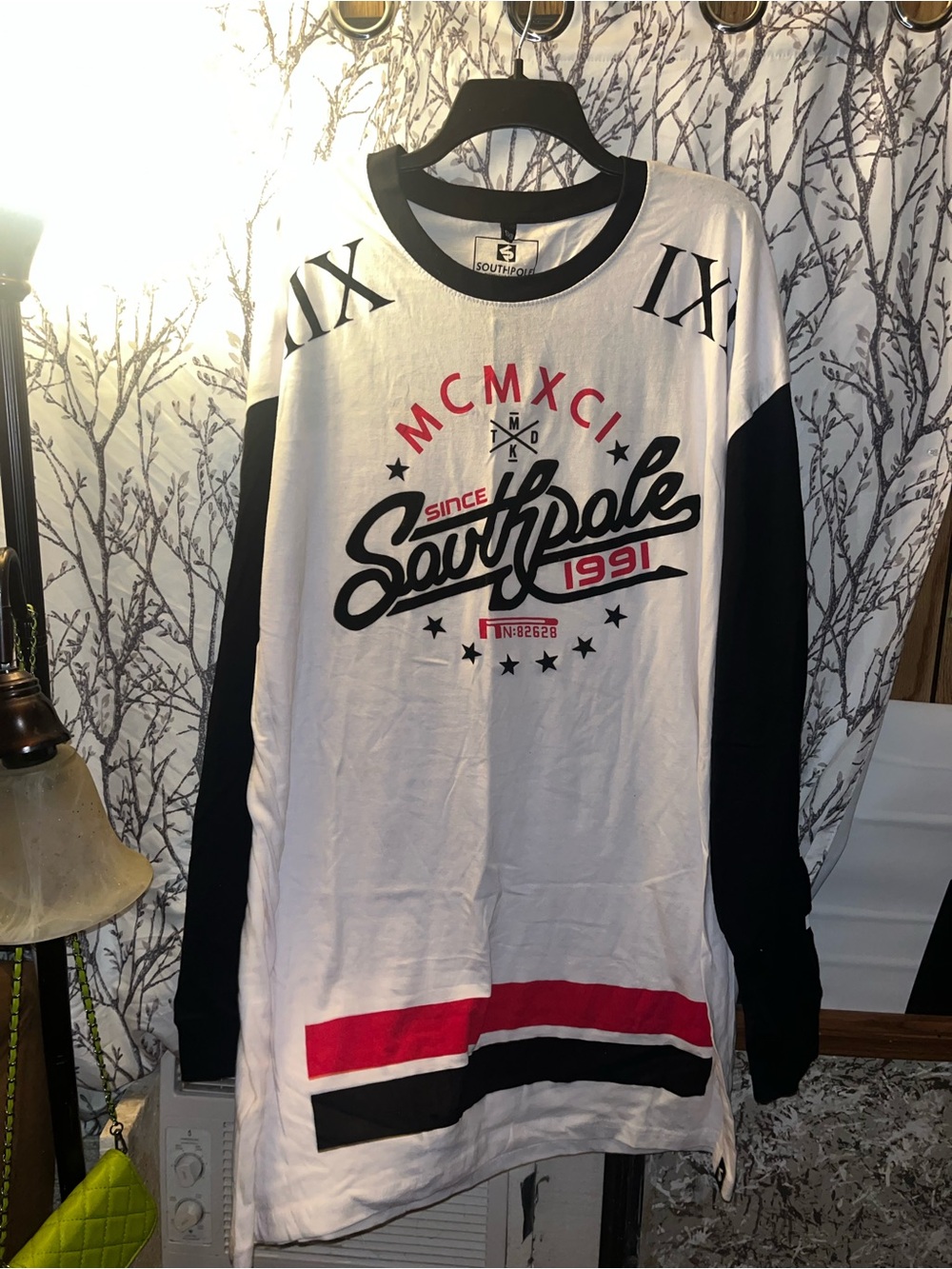 South Pole White Black Long Sleeve Graphic Tee with Red Accents